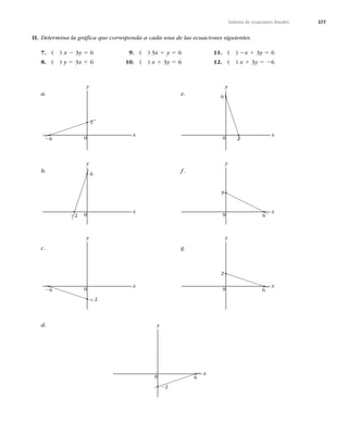 377
Sistema de ecuaciones lineales
II. Determina la gráﬁca que corresponda a cada una de las ecuaciones siguientes.
7. ( ) x 2 3y 5 6
8. ( ) y 5 3x 1 6
9. ( ) 3x 1 y 5 6
10. ( ) x 1 3y 5 6
11. ( ) 2x 1 3y 5 6
12. ( ) x 1 3y 5 26
6
22
x
0
y
2
26
x
0
y
6
2
x
0
y
2
6
x
0
y
22
26
x
0
y
3
6
x
0
y
22
6
x
0
y
a.
b.
c.
d.
e.
f .
g.
 