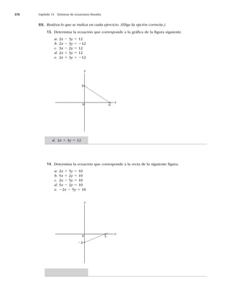 378 Capítulo 13 Sistemas de ecuaciones lineales
III. Realiza lo que se indica en cada ejercicio. (Elige la opción correcta.)
13. Determina la ecuación que corresponde a la gráﬁca de la ﬁgura siguiente.
a. 2x 2 3y 5 12
b. 2x 2 3y 5 212
c. 3x 2 2y 5 12
d. 2x 1 3y 5 12
e. 2x 1 3y 5 212
4
6
x
0
y
14. Determina la ecuación que corresponde a la recta de la siguiente ﬁgura.
a. 2x 1 5y 5 10
b. 5x 1 2y 5 10
c. 2x 2 5y 5 10
d. 5x 2 2y 5 10
e. 22x 2 5y 5 10
22
5
x
0
y
d. 2x 1 3y 5 12
 