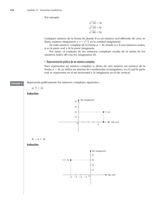 418 Capítulo 14 Ecuaciones cuadráticas
Por ejemplo
2 5
2 5
2 5
16 4
25 5
81 9
i
i
i
Cualquier número de la forma bi, donde b es un número real diferente de cero, se
llama número imaginario e i 5 21 es la unidad imaginaria.
En todo número complejo de la forma a 1 bi, donde a y b son números reales,
a es la parte real y bi la parte imaginaria.
Por tanto, el conjunto de los números complejos resulta de la unión de los
números reales (R) con los imaginarios (I).
Representación gráﬁca de un número complejo
Para representar un número complejo o, dicho de otra manera, un número de la
forma a 1 bi, se utiliza un sistema de coordenadas rectangulares, en el cual la parte
real se representa en el eje horizontal y la imaginaria en el eje vertical.
Ejemplo 6 Representa gráﬁcamente los números complejos siguientes.
a. 5 1 2i
Solución
0
5
4i
3i
52i
2i
1i
Eje real
Eje imaginario
b. 24 1 3i
Solución
0
4i
3i
43i
2i
1i
1
2
3
4
Eje real
Eje imaginario
 