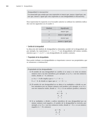 434 Capítulo 15 Desigualdades
Para representar lo expuesto en el recuadro anterior se utilizan los símbolos indica-
dos son los siguientes en el cuadro 1.
Símbolo Signiﬁcado
. mayor que
$ mayor o igual que
, menor que
# menor o igual que
Sentido de la desigualdad
La dirección del símbolo de desigualdad se denomina sentido de la desigualdad; así,
por ejemplo, las expresiones x .Zx .TPOEFTJHVBMEBEFTEFMNJTNPTFOUJEP

mientras que x . a y b , c son desigualdades de sentido contrario.
Propiedades de las desigualdades
Para poder trabajar con desigualdades es importante conocer sus propiedades, que
se enumeran a continuación:
Desigualdad (o inecuación)
Un enunciado que señala que una expresión es mayor que, mayor o igual que, me-
nor que, menor o igual que otra expresión es una desigualdad (o inecuación).
Propiedades de las desigualdades
1. El sentido de una desigualdad no cambia si se suma o se resta un mismo
número real a sus dos miembros; por ejemplo, si a, b y c son tres números
reales, donde a . b, entonces
a. Si a . b ello implica que a 1 c . b 1 c.
b. a . b, de donde se sigue que a 2 c . b 2 c.
2. El sentido de una desigualdad no se altera si se multiplica o divide en am-
bos miembros por un mismo número real positivo; por ejemplo, si a, b y c
son tres números reales, donde a . b y c es un número positivo, entonces
c .
ac . bc y
a
c
b
c
.
3. Si se multiplica o divide a ambos miembros de una desigualdad por un
mismo número real negativo, el sentido de la desigualdad se invierte; por
ejemplo, si a, b y c son tres números reales, donde a . b y c es un número
negativo (c ,

FOUPODFT
ac , bc y
a
c
b
c
,
 