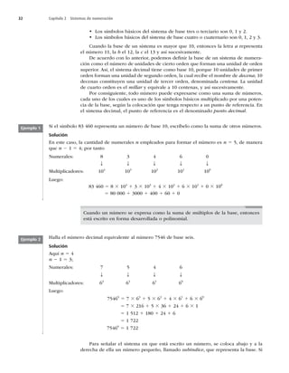 32 Capítulo 2 Sistemas de numeración
• Los símbolos básicos del sistema de base tres o terciario son 0, 1 y 2.
• Los símbolos básicos del sistema de base cuatro o cuaternario son 0, 1, 2 y 3.
Cuando la base de un sistema es mayor que 10, entonces la letra a representa
el número 11, la b el 12, la c el 13 y así sucesivamente.
De acuerdo con lo anterior, podemos deﬁnir la base de un sistema de numera-
ción como el número de unidades de cierto orden que forman una unidad de orden
superior. Así, el sistema decimal tiene como base 10, porque 10 unidades de primer
orden forman una unidad de segundo orden, la cual recibe el nombre de decena; 10
decenas constituyen una unidad de tercer orden, denominada centena. La unidad
de cuarto orden es el millar y equivale a 10 centenas, y así sucesivamente.
Por consiguiente, todo número puede expresarse como una suma de números,
cada uno de los cuales es uno de los símbolos básicos multiplicado por una poten-
cia de la base, según la colocación que tenga respecto a un punto de referencia. En
el sistema decimal, el punto de referencia es el denominado punto decimal.
Ejemplo 1
Ejemplo 2
Si el símbolo 83 460 representa un número de base 10, escríbelo como la suma de otros números.
Solución
En este caso, la cantidad de numerales n empleados para formar el número es n 5 5, de manera
que n 2 1 5 4; por tanto
Numerales: 8 3 4 6 0
T T T T T
Multiplicadores: 104
103
102
101
100
Luego:
83 460 5 8 3 104
1 3 3 103
1 4 3 102
1 6 3 101
1 0 3 100
5 80 000 1 3000 1 400 1 60 1 0
Cuando un número se expresa como la suma de múltiplos de la base, entonces
está escrito en forma desarrollada o polinomial.
Halla el número decimal equivalente al número 7546 de base seis.
Solución
Aquí n 5 4
n 2 1 5 3;
Numerales: 7 5 4 6
T T T T
Multiplicadores: 63
62
61
60
Luego:
75466
5 7 3 63
1 5 3 62
1 4 3 61
1 6 3 60
5 7 3 216 1 5 3 36 1 24 1 6 3 1
5 1 512 1 180 1 24 1 6
5 1 722
75466
5 1 722
Para señalar el sistema en que está escrito un número, se coloca abajo y a la
derecha de ella un número pequeño, llamado subíndice, que representa la base. Si
 