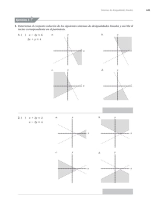 449
Sistemas de desigualdades lineales
I. Determina el conjunto solución de los siguientes sistemas de desigualdades lineales y escribe el
inciso correspondiente en el paréntesis.
1. ( ) x 2y # 6
  x 1 y $ 4
y
x
y
x
a.
c.
b.
d.
y
x
y
x
2. ( ) x 1y #
x 2y $ 4
y
x
a. b.
c. d.
y
x
y
x
y
x
Ejercicios 3
 