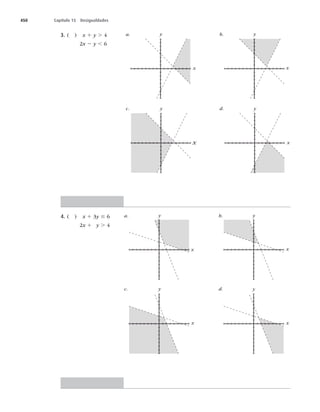 450 Capítulo 15 Desigualdades
3. ( ) x 1 y . 4
  x 2 y , 6
y
x
a.
c.
b.
d.
y
x
y
x
y
x
4. ( ) x 1 3y # 6
  x 1 y . 4
y
x
y
x
y
x
a.
c.
b.
d. y
x
 