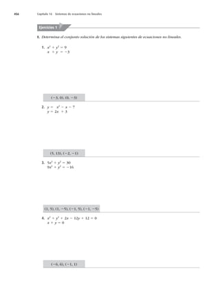 456 Capítulo 16 Sistemas de ecuaciones no lineales
I. %FUFSNJOBFMDPOKVOUPTPMVDJØOEFMPTTJTUFNBTTJHVJFOUFTEFFDVBDJPOFTOPMJOFBMFT.
1. Y2
1 y2
5 9
 Y 1 y 5 23
(2


	
23)
2. y 5 Y2
2 Y 2 7
 Z 5 2Y 1 3
	


	2
21)
3. 5Y2
1 y2
5 30
9Y2
1 y2
5 216
	


	
2

	2


	2
25)
4. Y2
1 y2
1 2Y 2 12y 1 12 5 0
 Y 1 y 5 0
(2


	2


Ejercicios 1
 