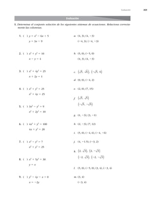 459
Evaluación
I. %FUFSNJOBFMDPOKVOUPTPMVDJØOEFMPTTJHVJFOUFTTJTUFNBTEFFDVBDJPOFT3FMBDJPOBDPSSFDUB-
NFOUFMBTDPMVNOBT.
1. ( ) y 5 Y2
2 6Y 1 5 B 	


	
23)
 Z 5 3Y 2 9 (2


	2
23)
2. ( ) Y2
1 y2
5 10 C 	


	2


 Y 2 y 5 4  	


	
23)
3. ( ) Y2
1 4y2
5 25 D 5 6 5 6

 
 
( ) ( )
2
 Y 1 2y 5 1
E 	


	2


4. ( ) Y2
1 y2
5 25 F 	


	


 Y2
1 4y 5 25
G 5 5

( )
5. ( ) 3Y2
2 y2
5 9
2 2
5 5

( )
 Y2
1 2y2
5 10
H 	
2

	
21)
6. ( ) 4Y2
1 y2
5 100 I 	
2

	


4Y 1 y2
5 20
J 	


	2


	2
26)
7. ( ) Y2
2 y2
5 7 K 	
2

	2


 Y2
1 y2
5 25
L 2 3 2 3

 
 
( ) ( )
2
8. ( ) Y2
1 5y2
5 30
2 2 2
2 3 2 3

 
 
( ) ( )
 Z 5 Y
M 	


	2


	


	2


9. ( ) y2
2 4y 2 Y 5 0 N	


 Y 5 22y (2


Evaluación
 
