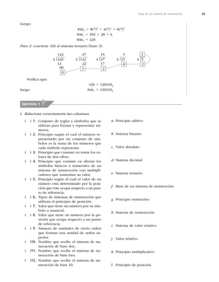 35
Base de un sistema de numeración
Luego:
8467
5 8(7)2
1 4(7)1
1 6(7)0
8467
5 392 1 28 1 6
8467
5 426
Paso 2: convierte 426 al sistema ternario (base 3).
47
3 142
22
|
142
3 426
12
06
0
1
| 3 5
|
5
3 15
0
|
2
1
15
3 47
17
|
2
Veriﬁca que:
426 5 1202103
luego: 8467
5 1202103
Ejercicios 1
( ) 1. Conjunto de reglas y símbolos que se
utilizan para formar y representar nú-
meros.
( ) 2. Principio según el cual el número re-
presentado por un conjunto de sím-
bolos es la suma de los números que
cada símbolo representa.
( ) 3. Principio que consiste en restar los va-
lores de dos cifras.
( ) 4. Principio que consiste en afectar los
símbolos básicos o numerales de un
sistema de numeración con multipli-
cadores que aumentan su valor.
( ) 5. Principio según el cual el valor de un
número está determinado por la posi-
ción que éste ocupa respecto a un pun-
to de referencia.
( ) 6. Tipos de sistemas de numeración que
utilizan el principio de posición.
( ) 7. Valor que tiene un número por su sím-
bolo o numeral.
( ) 8. Valor que tiene un número por la po-
sición que ocupa respecto a un punto
de referencia.
( ) 9. Número de unidades de cierto orden
que forman una unidad de orden su-
perior.
( )10. Nombre que recibe el sistema de nu-
meración de base dos.
( )11. Nombre que recibe el sistema de nu-
meración de base tres.
( )12. Nombre que recibe el sistema de nu-
meración de base 10.
a. Principio aditivo
b. Sistema binario
c. Valor absoluto
d. Sistema decimal
e. Sistema ternario
f. Base de un sistema de numeración
g. Principio sustractivo
h. Sistema de numeración
i. Sistema de valor relativo
j. Valor relativo
k. Principio multiplicativo
l. Principio de posición
I. Relaciona correctamente las columnas.
 