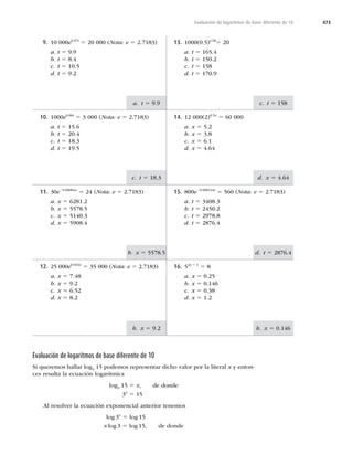 473
c. t 5 158
d. x 5 4.64
d. t 5 2876.4
b. x 5 0.146
a. t 5
c. t 5 18.3
b. x 5 5578.5
b. x 5
Evaluación de logaritmos de base diferente de 10
Evaluación de logaritmos de base diferente de 10
Si queremos hallar log3
15 podemos representar dicho valor por la literal x y enton-
ces resulta la ecuación logarítmica
log3
15 5 x, de donde
3x
5 15
Al resolver la ecuación exponencial anterior tenemos
log 3x
5 log 15
x log 3 5 log 15, de donde
13. 1000(0.5)t/28
5 20
a. t 5 165.4
b. t 5 150.2
c. t 5 158
d. t 5
9. 10 000e0.07t
5 20 000 (Nota: e 5 2.7183)
a. t 5
b. t 5 8.4
c. t 5 10.5
d. t 5
14. 12 000(2)0.5x
5 60 000
a. x 5 5.2
b. x 5 3.8
c. x 5 6.1
d. x 5 4.64
10. 1000e0.06t
5 3 000 (Nota: e 5 2.7183)
a. t 5 15.6
b. t 5 20.4
c. t 5 18.3
d. t 5
15. 800e20.000124t
5 560 (Nota: e 5 2.7183)
a. t 5 3408.3
b. t 5 2450.2
c. t 5
d. t 5 2876.4
11. 30e20.00004x
5 24 (Nota: e 5 2.7183)
a. x 5 6281.2
b. x 5 5578.5
c. x 5 5140.3
d. x 5
16. 52x 1 1
5 8
a. x 5 0.25
b. x 5 0.146
c. x 5 0.38
d. x 5 1.2
12. 25 000e0.045x
5 35 000 (Nota: e 5 2.7183)
a. x 5 7.48
b. x 5
c. x 5 6.52
d. x 5 8.2
 