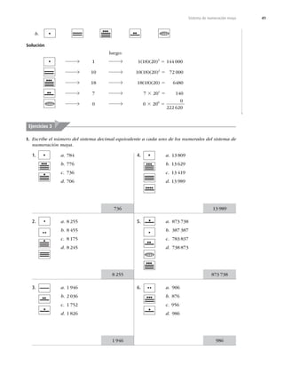 41
Sistema de numeración maya
b. •
Solución
luego:
• 1 1(18)(20)3
5 144 000
10 10(18)(20)2
5 072 000
18 18(18)(20) 5 0 06480
7 7 3 201
5 000 140
0 0 3 200
5
0 000 0
222 620
Ejercicios 3
I. Escribe el número del sistema decimal equivalente a cada uno de los numerales del sistema de
numeración maya.
1. • a. 784
b. 776
c. 736
d. 706
2. • a. 8 255
b. 8 455
c. 8 175
d. 8 245
3. a. 1 946
b. 2 036
c. 1 752
d. 1 826
4. • a. 13 809
b. 13 629
c. 13 419
d. 13 989
5. a. 873 738
b. 387 387
c. 783 837
d. 738 873
6. •• a. 906
b. 876
c. 956
d. 986
•• •
736
8 255
1 946
13 989
873 738
986
 