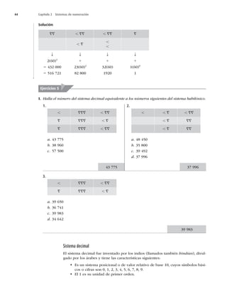 44 Capítulo 2 Sistemas de numeración
Solución
== , == , == =
, =
,
,
T T T T
2(60)3
1 1 1
5 432 000 23(60)2
32(60) 1(60)0
5 516 721 82 800 1920 1
Ejercicios 5
I. Halla el número del sistema decimal equivalente a los números siguientes del sistema babilónico.
1.
, === , ==
= === , =
= === , ==
a. 43 775
b. 38 960
c. 57 500
2.
, , = , ==
, = ==
, = ==
a. 48 450
b. 35 800
c. 39 492
d. 37 996
3.
, === , ==
= === , =
a. 39 650
b. 36 741
c. 39 983
d. 34 642
Sistema decimal
El sistema decimal fue inventado por los indios (llamados también hindúes), divul-
gado por los árabes y tiene las características siguientes:
• Es un sistema posicional o de valor relativo de base 10, cuyos símbolos bási-
cos o cifras son 0, 1, 2, 3, 4, 5, 6, 7, 8, 9.
• El 1 es su unidad de primer orden.
43 775 37 996
39 983
 