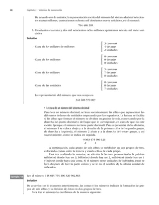 48 Capítulo 2 Sistemas de numeración
De acuerdo con lo anterior, la representación escrita del número del sistema decimal setecien-
tos cuatro millones, cuatrocientos ochenta mil doscientos nueve unidades, es el numeral:
704 480 209
b. Trescientos cuarenta y dos mil seiscientos ocho millones, quinientos setenta mil siete uni-
dades
Solución
3 centenas
Clase de los millares de millones 4 decenas
2 unidades
6 centenas
Clase de los millones 0 decenas
8 unidades
5 centenas
Clase de los millares 7 decenas
0 unidades
0 centenas
Clase de las unidades 0 decenas
7 unidades
La representación del número que nos ocupa es:
342 608 570 007
⎧
⎨
⎩
⎧
⎨
⎩
⎧
⎨
⎩
⎧
⎨
⎩
Lectura de un número del sistema decimal
Para leer un número decimal, se leen sucesivamente las cifras que representan las
diferentes órdenes de unidades empezando por las superiores. La lectura se facilita
si las cifras que forman el número se dividen en grupos de seis, comenzando por la
derecha del punto decimal o del lugar que le corresponde, en caso de que no esté
escrito (porque el número no tiene parte decimal). Para representar dicha división,
el número 1 se coloca abajo y a la derecha de la primera cifra del segundo grupo,
de derecha a izquierda, el número 2 abajo y a la derecha del tercer grupo, y así
sucesivamente, como se indica en seguida.
9 863 475 900 123
2 1
A continuación, cada grupo de seis cifras se subdivide en dos grupos de tres,
colocando comas entre la tercera y cuarta cifras de cada grupo.
Una vez realizado lo anterior, se efectúa la lectura pronunciando la palabra
trillón(es) donde hay un 3, billón(es) donde hay un 2, millón(es) donde hay un 1
y mil(es) donde haya una coma. Si el número tiene unidades de suborden, éstas se
leen después de leer la parte entera y se le da el nombre de la última unidad de
suborden.
Lee el número 148 845 765 106 320 902.863
Solución
De acuerdo con lo expuesto anteriormente, las comas y los números indican la formación de gru-
pos de seis cifras y la división de éstos en dos grupos de tres.
Para leer el número lo escribimos de la manera siguiente:
Ejemplo 10
 