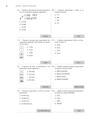 58 Capítulo 2 Sistemas de numeración
6. ( ) Número del sistema decimal equivalen-
te a los numerales egipcios siguientes
|||
|||
a. 12 556
b. 12 006
c. 12 636
d. 12 646
7. ( ) Número decimal que representan los
numerales siguientes del sistema de nume-
ración maya.
• a. 7 240
b. 7 940
c. 7 680
d. 8 100
8. ( ) Número de base 6 equivalente a los
numerales mayas siguientes
•• a. 203 0206
b. 342 1506
c. 241 3156
d. 203 2016
9. ( ) Número equivalente a 1574 en el siste-
ma binario.
a. 10 100 1102
b. 11 000 1012
c. 10 101 1012
d. 11 000 100 1102
10. ( ) Número equivalente a 14267
en el
sistema decimal.
a. 475
b. 568
c. 559
d. 573
11. ( ) Número equivalente a 6527
en el sis-
tema de base 5.
a. 31215
b. 13215
c. 23115
d. 23125
12. ( ) Halla el número romano equivalente
al número decimal 2349.
a. MMCCCXLVIIII
b. MMCCCXXXXVIIII
c. MMCCCXLIX
d. MMCCCXXXXIX
13. ( ) Halla el número decimal equivalente
al número romano IVDLXIV.
a. 4544
b. 4564
c. 4566
d. 400 564
•
12 646
7 680
203 0206
211 000 100 1102
559
23115
MMCCCXLIX
4564
 