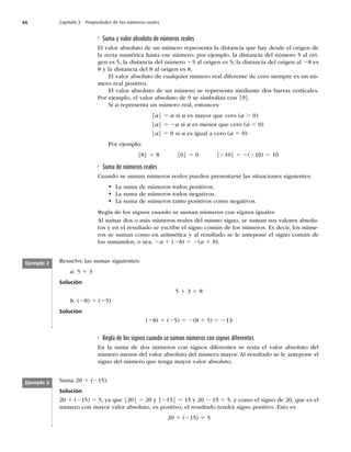 66 Capítulo 3 Propiedades de los números reales
Suma y valor absoluto de números reales
El valor absoluto de un número representa la distancia que hay desde el origen de
la recta numérica hasta ese número; por ejemplo, la distancia del número 5 al ori-
gen es 5, la distancia del número 25 al origen es 5; la distancia del origen al 28 es
8 y la distancia del 8 al origen es 8.
El valor absoluto de cualquier número real diferente de cero siempre es un nú-
mero real positivo.
El valor absoluto de un número se representa mediante dos barras verticales.
Por ejemplo, el valor absoluto de 9 se simboliza con |9|.
Si a representa un número real, entonces:
|a| 5 a si a es mayor que cero (a . 0)
|a| 5 2a si a es menor que cero (a , 0)
|a| 5 0 si a es igual a cero (a 5 0)
Por ejemplo:
|8| 5 8 |0| 5 0 |210| 5 2(210) 5 10
Suma de números reales
Cuando se suman números reales pueden presentarse las situaciones siguientes:
t La suma de números todos positivos.
t La suma de números todos negativos.
t La suma de números tanto positivos como negativos.
Regla de los signos cuando se suman números con signos iguales
Al sumar dos o más números reales del mismo signo, se suman sus valores absolu-
tos y en el resultado se escribe el signo común de los números. Es decir, los núme-
ros se suman como en aritmética y al resultado se le antepone el signo común de
los sumandos; o sea, 2a 1 (2b) 5 2(a 1 b).
Resuelve las sumas siguientes:
a. 5 1 3
Solución
5 1 3 5 8
b. (28) 1 (25)
Solución
(28) 1 (25) 5 2(8 1 5) 5 213
Ejemplo 2
Regla de los signos cuando se suman números con signos diferentes
En la suma de dos números con signos diferentes se resta el valor absoluto del
número menor del valor absoluto del número mayor. Al resultado se le antepone el
signo del número que tenga mayor valor absoluto.
Suma 20 1 (215).
Solución
20 1 (215) 5 5, ya que |20| 5 20 y |215| 5 15 y 20 2 15 5 5, y como el signo de 20, que es el
número con mayor valor absoluto, es positivo, el resultado tendrá signo positivo. Esto es
20 1 (215) 5 5
Ejemplo 3
 