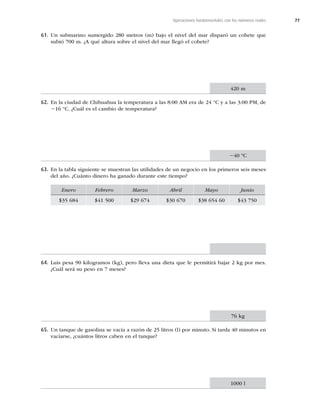 77
Operaciones fundamentales con los números reales
61. Un submarino sumergido 280 metros (m) bajo el nivel del mar disparó un cohete que
subió 700 m. ¿A qué altura sobre el nivel del mar llegó el cohete?
62. En la ciudad de Chihuahua la temperatura a las 8:00 AM era de 24 °C y a las 3:00 PM, de
216 °C. ¿Cuál es el cambio de temperatura?
63. En la tabla siguiente se muestran las utilidades de un negocio en los primeros seis meses
del año. ¿Cuánto dinero ha ganado durante este tiempo?
Enero Febrero Marzo Abril Mayo Junio
$35 684 $41 500 $29 674 $30 670 $38 654 60 $43 750
64. Luis pesa 90 kilogramos (kg), pero lleva una dieta que le permitirá bajar 2 kg por mes.
¿Cuál será su peso en 7 meses?
65. Un tanque de gasolina se vacía a razón de 25 litros (l) por minuto. Si tarda 40 minutos en
vaciarse, ¿cuántos litros caben en el tanque?
420 m
240 ºC
76 kg
1000 l
 
