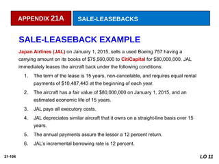 21-104
Japan Airlines (JAL) on January 1, 2015, sells a used Boeing 757 having a
carrying amount on its books of $75,500,000 to CitiCapital for $80,000,000. JAL
immediately leases the aircraft back under the following conditions:
1. The term of the lease is 15 years, non-cancelable, and requires equal rental
payments of $10,487,443 at the beginning of each year.
2. The aircraft has a fair value of $80,000,000 on January 1, 2015, and an
estimated economic life of 15 years.
3. JAL pays all executory costs.
4. JAL depreciates similar aircraft that it owns on a straight-line basis over 15
years.
5. The annual payments assure the lessor a 12 percent return.
6. JAL’s incremental borrowing rate is 12 percent.
SALE-LEASEBACK EXAMPLE
APPENDIX 21A SALE-LEASEBACKS
LO 11
 