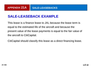 21-105
This lease is a finance lease to JAL because the lease term is
equal to the estimated life of the aircraft and because the
present value of the lease payments is equal to the fair value of
the aircraft to CitiCapital.
CitiCapital should classify this lease as a direct financing lease.
APPENDIX 21A SALE-LEASEBACKS
SALE-LEASEBACK EXAMPLE
LO 11
 
