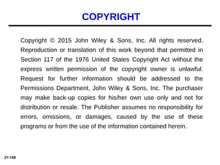 21-108
Copyright © 2015 John Wiley & Sons, Inc. All rights reserved.
Reproduction or translation of this work beyond that permitted in
Section 117 of the 1976 United States Copyright Act without the
express written permission of the copyright owner is unlawful.
Request for further information should be addressed to the
Permissions Department, John Wiley & Sons, Inc. The purchaser
may make back-up copies for his/her own use only and not for
distribution or resale. The Publisher assumes no responsibility for
errors, omissions, or damages, caused by the use of these
programs or from the use of the information contained herein.
COPYRIGHT
 
