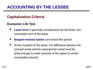 21-14
Economic Life Test
 Lease term is generally considered to be the fixed, non-
cancelable term of the lease.
 Bargain-renewal option can extend this period.
 At the inception of the lease, the difference between the
renewal rental and the expected fair rental must be
great enough to make exercise of the option to renew
reasonably assured.
Capitalization Criteria
LO 2
ACCOUNTING BY THE LESSEE
 