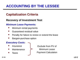 21-16
Recovery of Investment Test
Minimum Lease Payments:
 Minimum rental payments
 Guaranteed residual value
 Penalty for failure to renew or extend the lease
 Bargain-purchase option
Executory Costs:
 Insurance
 Maintenance
 Taxes
Exclude from PV of
Minimum Lease
Payment Calculation
Capitalization Criteria
ACCOUNTING BY THE LESSEE
LO 2
 