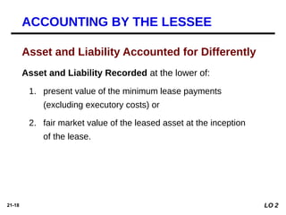 21-18
Asset and Liability Recorded at the lower of:
1. present value of the minimum lease payments
(excluding executory costs) or
2. fair market value of the leased asset at the inception
of the lease.
Asset and Liability Accounted for Differently
ACCOUNTING BY THE LESSEE
LO 2
 
