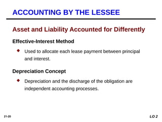 21-20
Effective-Interest Method
 Used to allocate each lease payment between principal
and interest.
Depreciation Concept
 Depreciation and the discharge of the obligation are
independent accounting processes.
Asset and Liability Accounted for Differently
ACCOUNTING BY THE LESSEE
LO 2
 