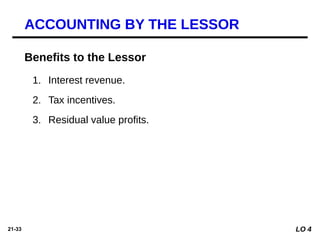 21-33
1. Interest revenue.
2. Tax incentives.
3. Residual value profits.
Benefits to the Lessor
ACCOUNTING BY THE LESSOR
LO 4
 