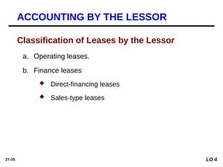 21-35
a. Operating leases.
b. Finance leases
 Direct-financing leases
 Sales-type leases
Classification of Leases by the Lessor
ACCOUNTING BY THE LESSOR
LO 4
 