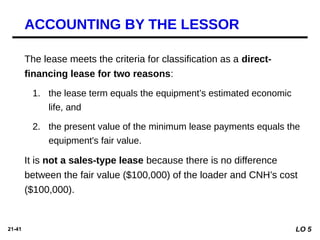 21-41
The lease meets the criteria for classification as a direct-
financing lease for two reasons:
1. the lease term equals the equipment’s estimated economic
life, and
2. the present value of the minimum lease payments equals the
equipment's fair value.
It is not a sales-type lease because there is no difference
between the fair value ($100,000) of the loader and CNH’s cost
($100,000).
ACCOUNTING BY THE LESSOR
LO 5
 