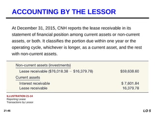 21-46
At December 31, 2015, CNH reports the lease receivable in its
statement of financial position among current assets or non-current
assets, or both. It classifies the portion due within one year or the
operating cycle, whichever is longer, as a current asset, and the rest
with non-current assets.
ILLUSTRATION 21-14
Reporting Lease
Transactions by Lessor
ACCOUNTING BY THE LESSOR
LO 5
 