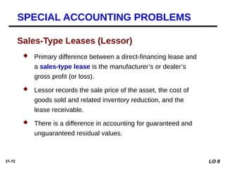 21-72
 Primary difference between a direct-financing lease and
a sales-type lease is the manufacturer’s or dealer’s
gross profit (or loss).
 Lessor records the sale price of the asset, the cost of
goods sold and related inventory reduction, and the
lease receivable.
 There is a difference in accounting for guaranteed and
unguaranteed residual values.
Sales-Type Leases (Lessor)
SPECIAL ACCOUNTING PROBLEMS
LO 8
 