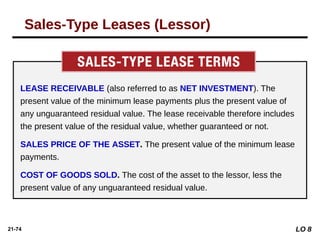 21-74
LEASE RECEIVABLE (also referred to as NET INVESTMENT). The
present value of the minimum lease payments plus the present value of
any unguaranteed residual value. The lease receivable therefore includes
the present value of the residual value, whether guaranteed or not.
SALES PRICE OF THE ASSET. The present value of the minimum lease
payments.
COST OF GOODS SOLD. The cost of the asset to the lessor, less the
present value of any unguaranteed residual value.
LO 8
Sales-Type Leases (Lessor)
 