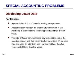 21-83
For lessees:
 A general description of material leasing arrangements.
 A reconciliation between the total of future minimum lease
payments at the end of the reporting period and their present
value.
 The total of future minimum lease payments at the end of the
reporting period, and their present value for periods (1) not later
than one year, (2) later than one year and not later than five
years, and (3) later than five years.
Disclosing Lease Data
SPECIAL ACCOUNTING PROBLEMS
LO 9
 