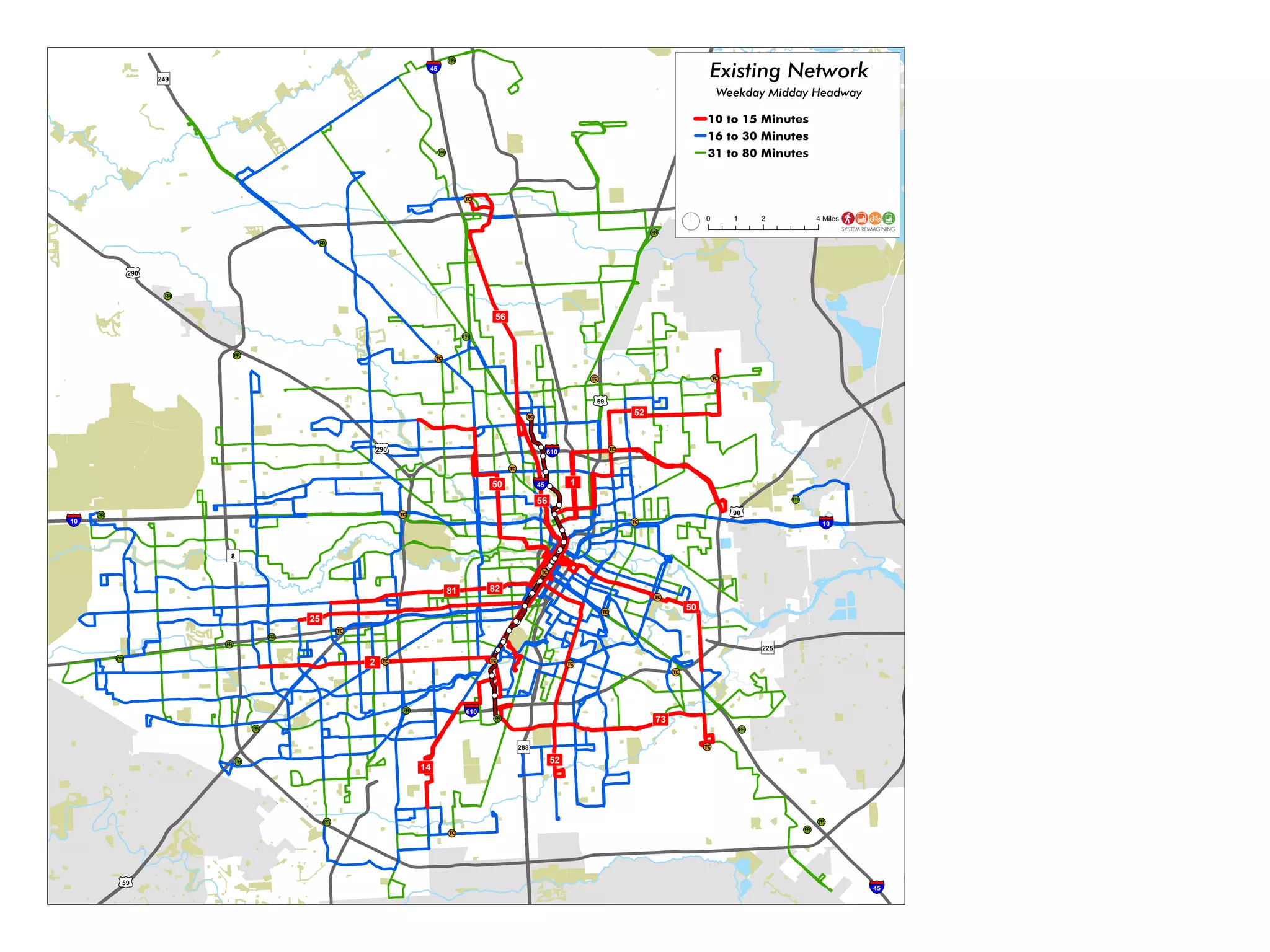 !!
!!
!!
!!
!!
!!
!!
!!
!!
!!
!!
!!
!
!
!!
!
!!
!
!
!
!
!
!
!
!
PR
PR
PR
PR
PR
PR
PR
PR
PR
PR
PR
PR
PR
PR
PR
PR
PR
PR
PR
PR
PR
TC
TC
TC
TC
TC
TC
TC
TC
TC
TC
TC
TC
TC
TC
TC
TC
TC
TC
TC
§¨¦10
§¨¦10
§¨¦610
§¨¦610
§¨¦45
§¨¦45
§¨¦45
£¤90
£¤59
£¤59
£¤59
£¤290
£¤290
")288
")8
")225
")249
×¿2
×¿56
×¿1
×¿50
×¿52
×¿52
×¿50
×¿81 ×¿82
×¿14
×¿73
×¿56
×¿25
Existing Network
Weekday Midday Headway
0 2 41 Miles
10 to 15 Minutes
16 to 30 Minutes
31 to 80 Minutes
 