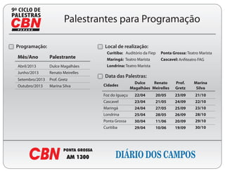 9
                            Palestrantes para Programação

    Programação:                       Local de realização:
                                        Curitiba: Auditório da Fiep   Ponta Grossa: Teatro Marista
    Mês/Ano         Palestrante         Maringá: Teatro Marista       Cascavel:
    Abril/2013      Dulce Magalhães     Londrina: Teatro Marista
    Junho/2013      Renato Meirelles
                                       Data das Palestras:
    Setembro/2013   Prof. Gretz
                                                         Dulce    Renato     Prof.      Marina
    Outubro/2013    Marina Silva       Cidades
                                                       Magalhães Meirelles   Gretz       Silva
                                       Foz do Iguaçu     22/04     20/05     23/09      21/10
                                       Cascavel          23/04     21/05     24/09      22/10
                                       Maringá           24/04     27/05     25/09      23/10
                                       Londrina          25/04     28/05     26/09      28/10
                                       Ponta Grossa      30/04     11/06     20/09      29/10
                                       Curitiba          29/04     10/06     19/09      30/10
 