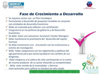 Se requiere contar con un Plan Estratégico
 Formulación y Desarrollo de proyectos rentables en conjunto
con entidades de desarrollo Económico
 Debe ser evaluado para obtener una certificación
 Congruencia en las políticas de gobierno y de Desarrollo
Económico
 Se debe tener una estructura funcional ( Cluster Manager)
 Debe mantenerse la promotoria del desarrollo del capital
humano
 Se debe mantenerse una vinculación con las instituciones y
centros de investigación
 Debe haber congruencia con los reglamentos y políticas del
agrupamiento para que exista equidad en los cambios de sus
dirigentes.
 Debe integrarse a la cadena de valor participando en la matriz
de insumo producto de su sector elevando su competitividad
 . Debe estar acorde de la necesidades y Normas
internacionales para calificar en fondeos de alto calado.
Fase de Crecimiento a Desarrollo
 