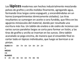 Los lápices modernos son hechos industrialmente mezclando
polvos de grafito y arcilla molidos finamente, agregando agua,
formando tiras largas como espagueti, y encendiéndolas en un
horno (compartimientos térmicamente aislados). Las tiras
resultantes se sumergen en aceite o cera fundida, que filtra en los
agujeros minúsculos del material, dando por resultado una
escritura más lisa. Un tablón de enebro o de cedro de incienso con
varios surcos paralelos largos se corta para formar un listón, y las
tiras de grafito y arcilla se insertan en los surcos. Otro tablón
acanalado se pega encima, de manera que el ensamble final es
cortar todo en lápices individuales, que luego se barnizan o se
pintan.
DURO 9H 8H 7H 6H 5H 4H 3H 2H
H
MEDIO
HB
BLANDO
B 2B 3B 4B 5B 6B 7B 8B 9B
 