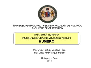 19/06/15 Mg.obst. RUTH CORDOVA RUIZ 1
UNIVERSIDAD NACIONAL “HERMILIO VALDIZAN” DE HUÁNUCO
FACULTAD DE OBSTETRICIA
Mg. Obst. Ruth L. Córdova Ruiz
Mg. Obst. Andy Maque Ponce
Huánuco – Perú
2015
ANATOMÍA HUMANA
HUESO DE LA EXTREMIDAD SUPERIOR
HUMERO
 