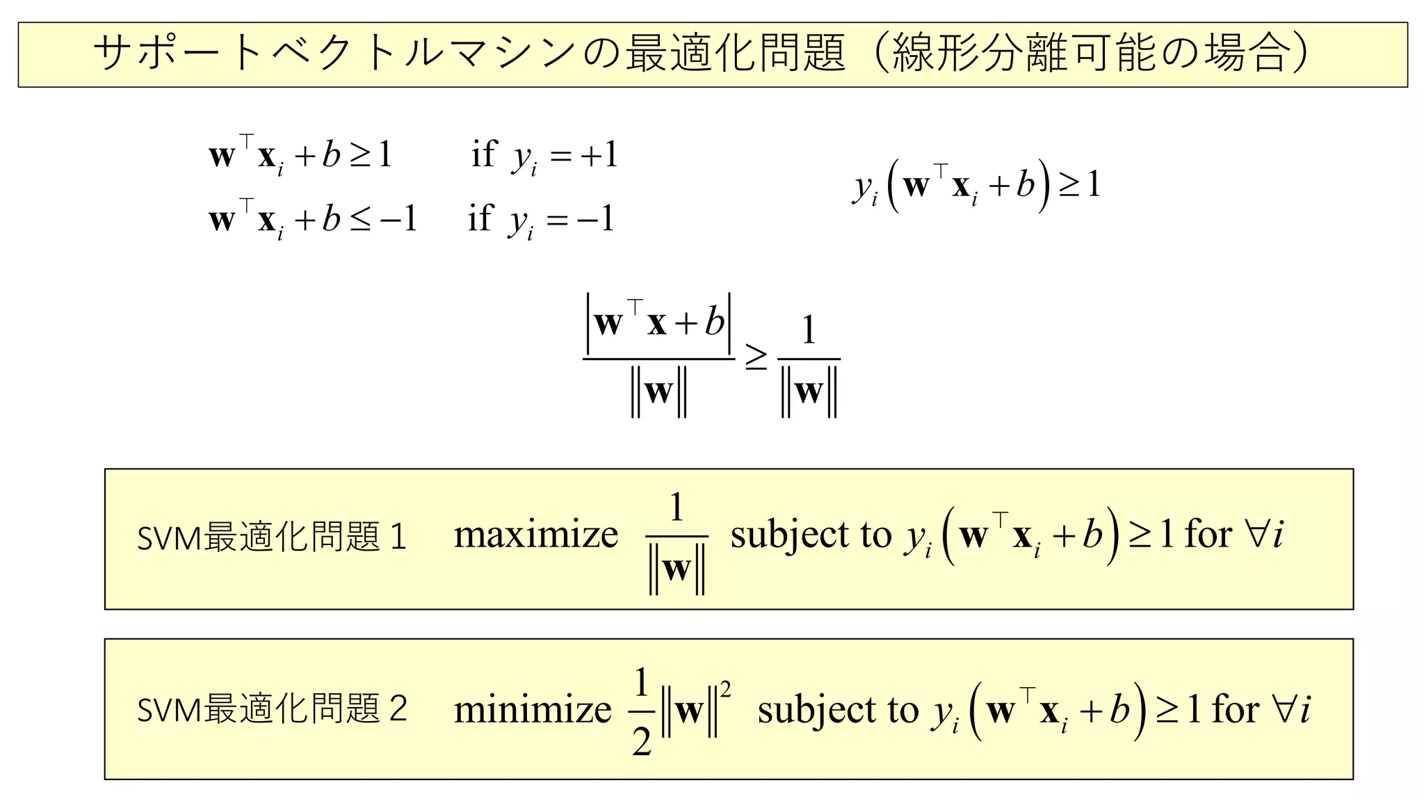 サポートベクトルマシンの最適化問題（線形分離可能の場合）
1 if 1
1 if 1
i i
i i
b y
b y
+ ≥ =+
+ ≤ − = −
w x
w x


( ) 1i iy b+ ≥w x
1b
≥
+w x
w w

( )1
maximize subject 1forto i i iy b+ ≥ ∀w x
w

SVM最適化問題１
( )21
minimize subject 1fto
2
ori i iy b ≥+ ∀w w x
SVM最適化問題２
 