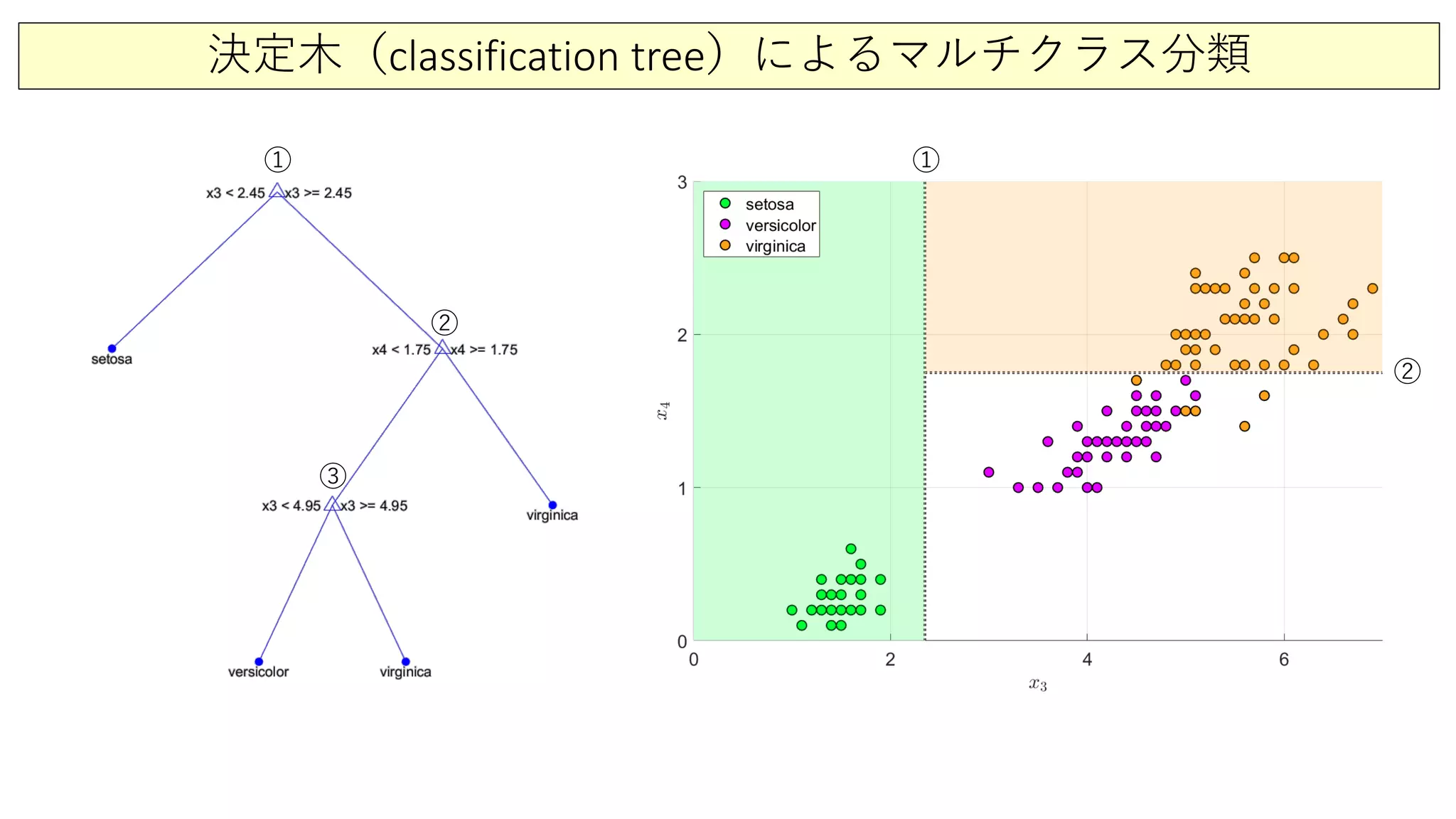 決定木（classification tree）によるマルチクラス分類
①
②
③
①
②
 