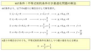 KKT条件：不等式制約条件付き最適化問題の解法
KKT条件より、以下の4通りに場合分けして解を探す。
5 1
,
3 3
x y= =
4通りの場合分けのうち、不等式制約条件を満たしつつ最小値を与える解は
③
1 2 0λ λ= =① 2, 1x y= = 1 2 00,g g> <
1 00, x yλ += − =②
4
3
x y= = 1 2 00,g g> =
24 3 0, 0x y λ+ −= =③
5 1
,
3 3
x y= = 1 2 00,g g= < 1f =
4 3 0, 0x y x y+ − = − + =④
3
5
x y= = 1 2 00,g g= =
57
25
f =
 