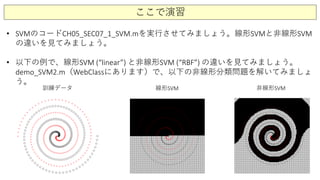 ここで演習
• SVMのコードCH05_SEC07_1_SVM.mを実行させてみましょう。線形SVMと非線形SVM
の違いを見てみましょう。
• 以下の例で、線形SVM (“linear”) と非線形SVM (“RBF”) の違いを見てみましょう。
demo_SVM2.m（WebClassにあります）で、以下の非線形分類問題を解いてみましょ
う。
訓練データ 線形SVM 非線形SVM
 