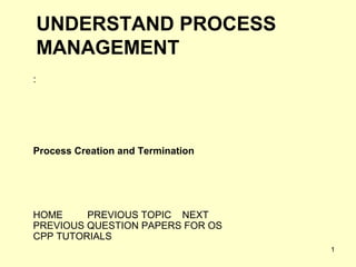 UNDERSTAND PROCESS
    MANAGEMENT
:




Process Creation and Termination




HOME     PREVIOUS TOPIC NEXT
PREVIOUS QUESTION PAPERS FOR OS
CPP TUTORIALS
                                   1
 