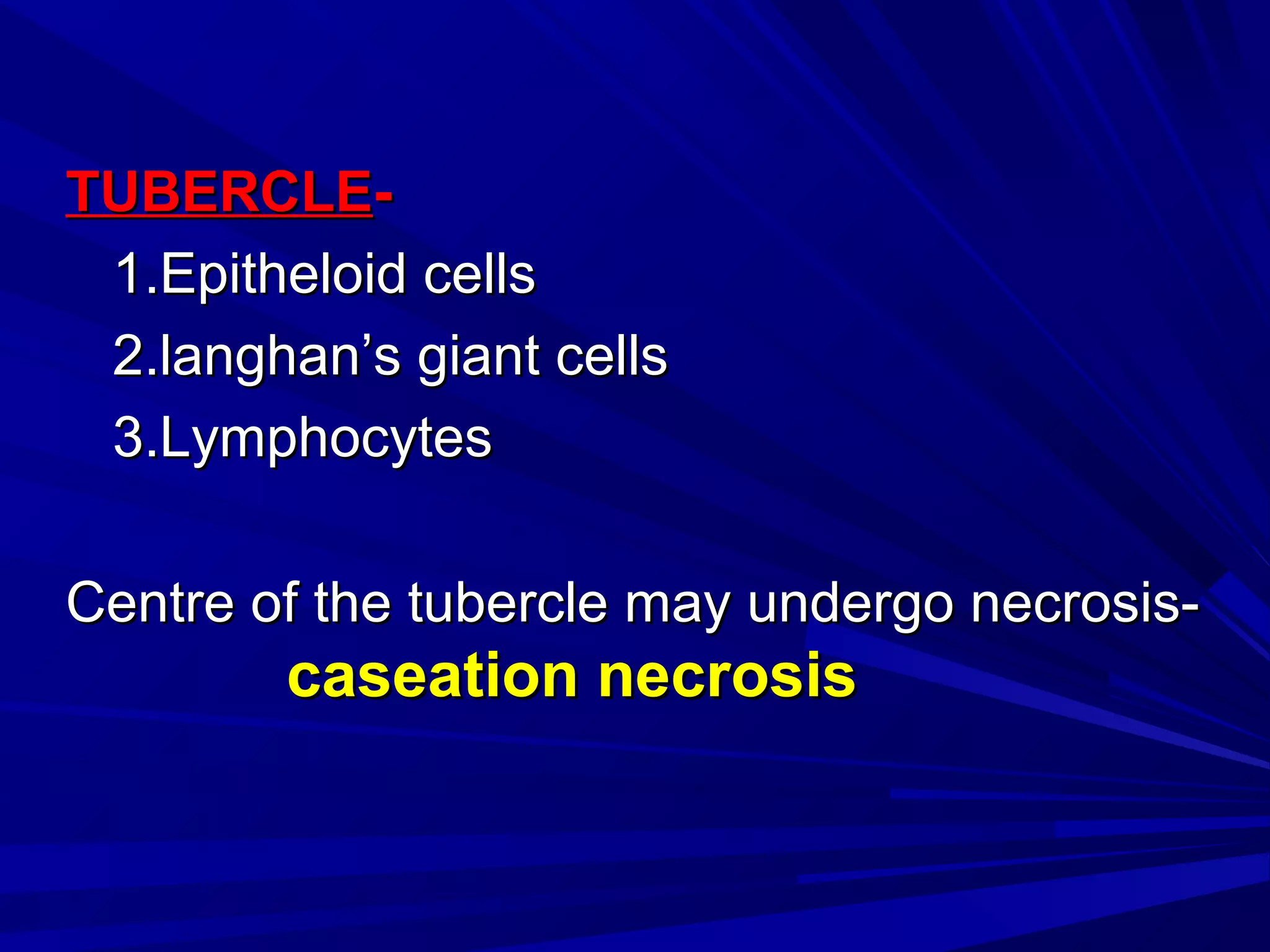 TUBERCLETUBERCLE--
1.Epitheloid cells1.Epitheloid cells
2.langhan’s giant cells2.langhan’s giant cells
3.Lymphocytes3.Lymphocytes
Centre of the tubercle may undergo necrosis-Centre of the tubercle may undergo necrosis-
caseation necrosiscaseation necrosis
 