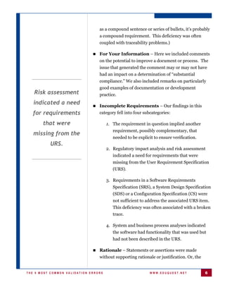 as a compound sentence or series of bullets, it’s probably
                                 a compound requirement. This deficiency was often
                                 coupled with traceability problems.)

                               For   Your Information – Here we included comments
                                 on the potential to improve a document or process. The
                                 issue that generated the comment may or may not have
                                 had an impact on a determination of “substantial
                                 compliance.” We also included remarks on particularly
                                 good examples of documentation or development
   Risk assessment               practice.
   indicated a need            Incomplete Requirements – Our findings in this

  for requirements               category fell into four subcategories:

       that were                      1. The requirement in question implied another
                                         requirement, possibly complementary, that
   missing from the
                                         needed to be explicit to ensure verification.
          URS.
                                      2. Regulatory impact analysis and risk assessment
                                         indicated a need for requirements that were
                                         missing from the User Requirement Specification
                                         (URS).

                                      3. Requirements in a Software Requirements
                                         Specification (SRS), a System Design Specification
                                         (SDS) or a Configuration Specification (CS) were
                                         not sufficient to address the associated URS item.
                                         This deficiency was often associated with a broken
                                         trace.

                                      4. System and business process analyses indicated
                                         the software had functionality that was used but
                                         had not been described in the URS.

                               Rationale – Statements or assertions were made
                                 without supporting rationale or justification. Or, the


THE 9 MOST COMMON VALIDATION ERRORS                         WWW.EDUQUEST.NET              6
 