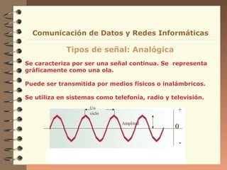 Comunicación de Datos y Redes Informáticas

Tipos de señal: Analógica
Se caracteriza por ser una señal continua. Se representa
gráficamente como una ola.
Puede ser transmitida por medios físicos o inalámbricos.
Se utiliza en sistemas como telefonía, radio y televisión.
Un
ciclo

+
Amplitud

0
-

 