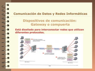 Comunicación de Datos y Redes Informáticas

Dispositivos de comunicación:
Gateway o compuerta
Está diseñado para interconectar redes que utilizan
diferentes protocolos.

 