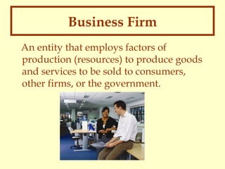 Business Firm
An entity that employs factors of
production (resources) to produce goods
and services to be sold to consumers,
other firms, or the government.

 
