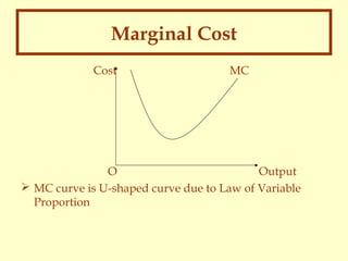 Marginal Cost
Cost

MC

O
Output
 MC curve is U-shaped curve due to Law of Variable
Proportion

 