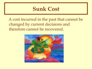 Sunk Cost
A cost incurred in the past that cannot be
changed by current decisions and
therefore cannot be recovered.

 