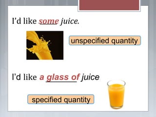 unspecified quantity
specified quantity
I’d like some juice.
I’d like a glass of juice.
 