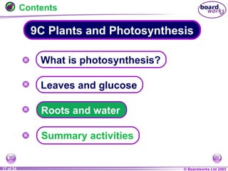 © Boardworks Ltd 20041 of 20 © Boardworks Ltd 200517 of 24
9C Plants and Photosynthesis
Contents
Leaves and glucose
Summary activities
Roots and water
What is photosynthesis?
 
